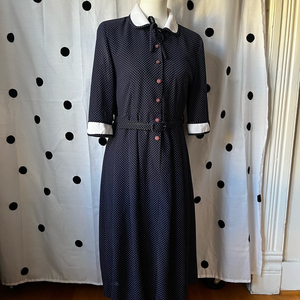 Vintage from Korea Navy Polka Dot Midi Dress US size 8-10